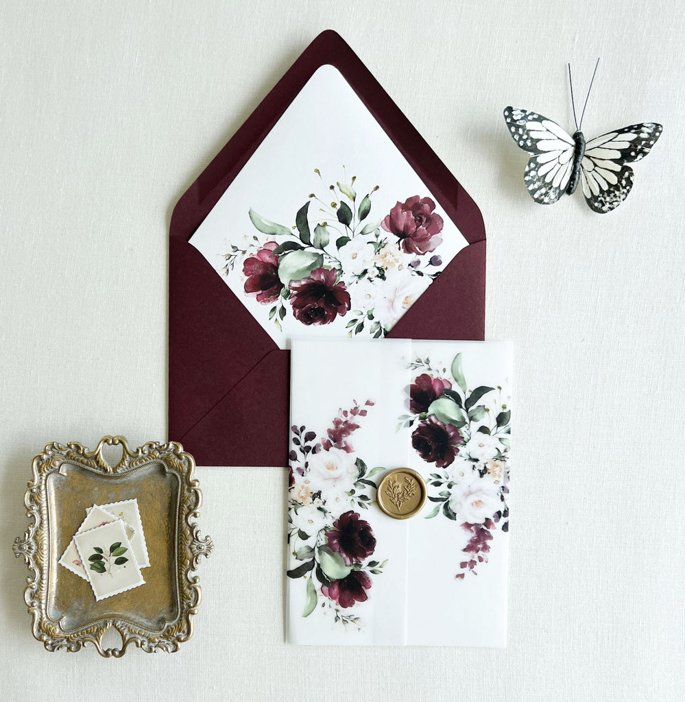 Burgundy Wedding Invitations Suit with Floral Vellum Paper Wrap and Li