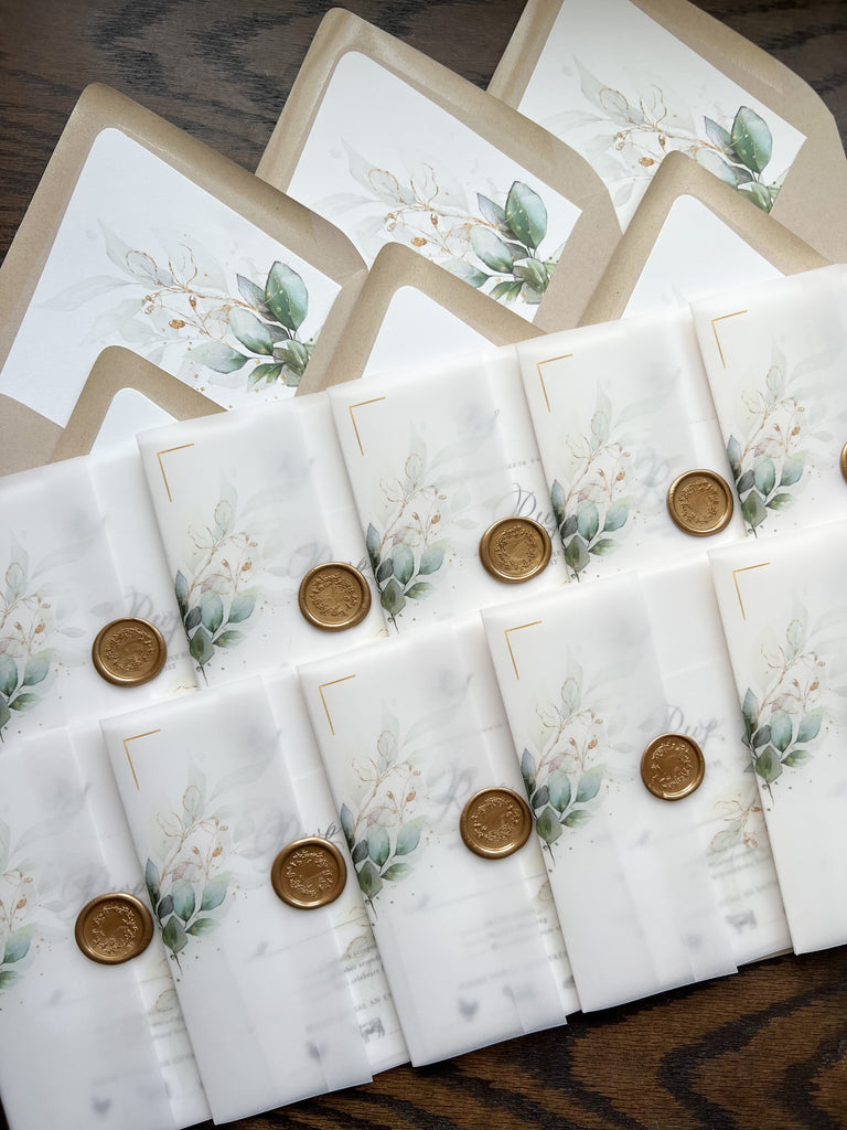 Greenery Vellum Jackets and Wax Seal Wedding Invitation Embellishments —  E-Three Design Studio