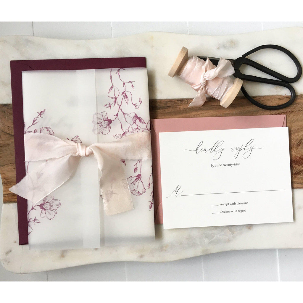 Burgundy Wedding Invitations Suit with Floral Vellum Paper Wrap and Li