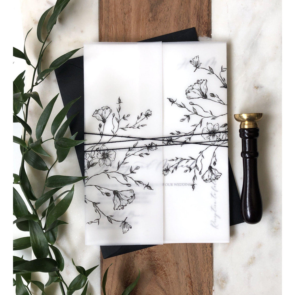 Elegant Botanical Vellum Wrapped, Black and White Wedding - Cotton Willow  Design Co.