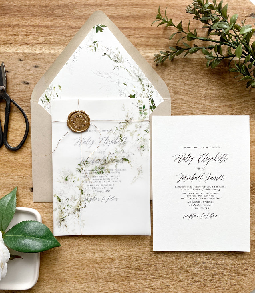 Rustic Greenery Vellum Wrap Wedding Invitation - Cotton Willow Design Co.