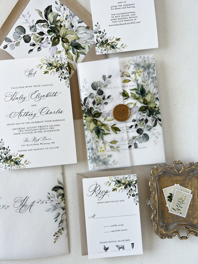 Greenery Vellum Jackets and Wax Seal Wedding Invitation Embellishments —  E-Three Design Studio