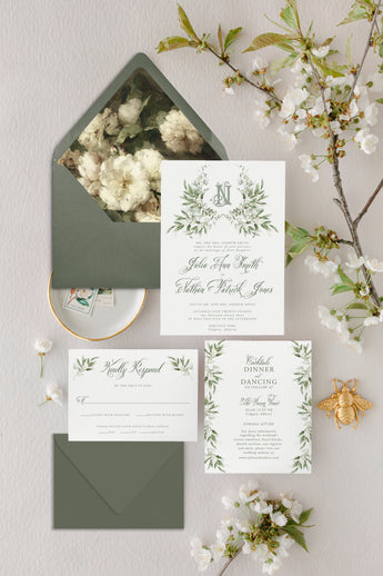 Monogram Wedding Invitation, Greenery Watercolor