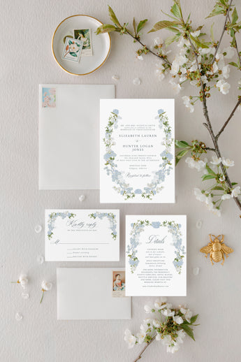 Hydrangea Watercolor Wedding Invitation Suite Blue Delphinium Wedding Invitation