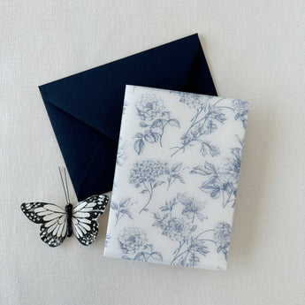 Dusty Blue Toile Floral Vellum Jacket for 5 x 7 Wedding Invitation