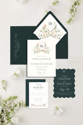 Modern Watercolor Floral Greenery Crest Wedding Invitation