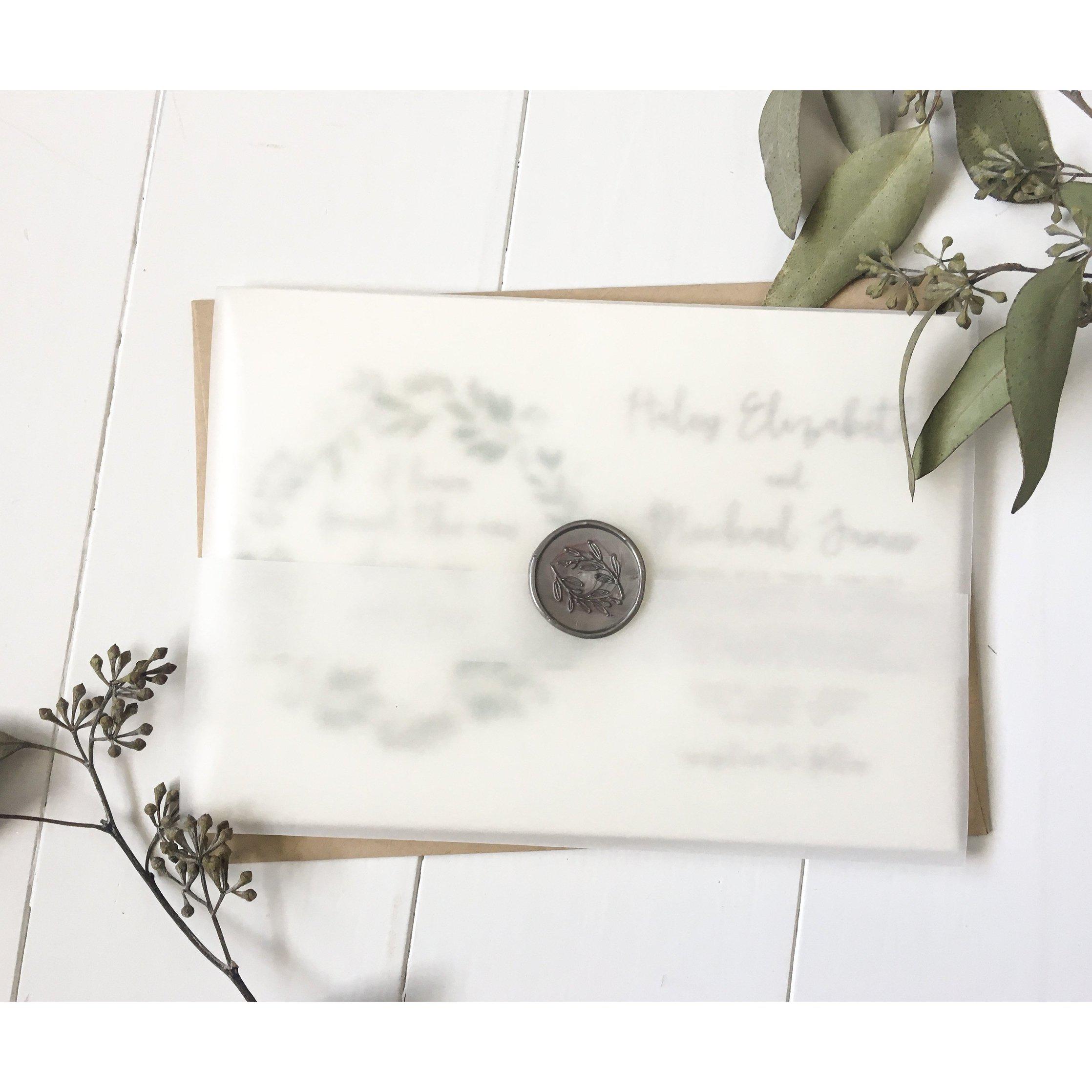 Vintage Greenery Wedding Invitation, wax seal - Cotton Willow Design Co.