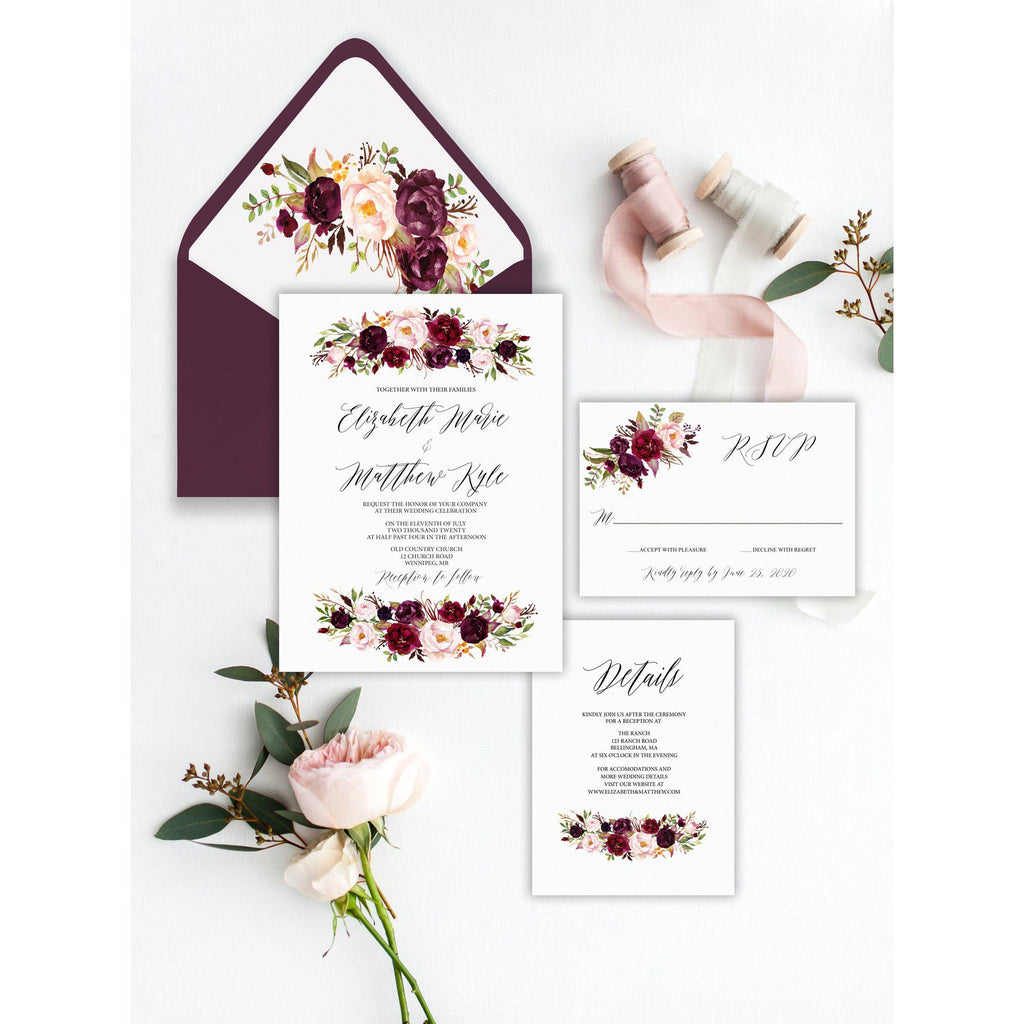 Marsala Floral Wedding Invitation, Burgundy and Blush - Cotton Willow ...