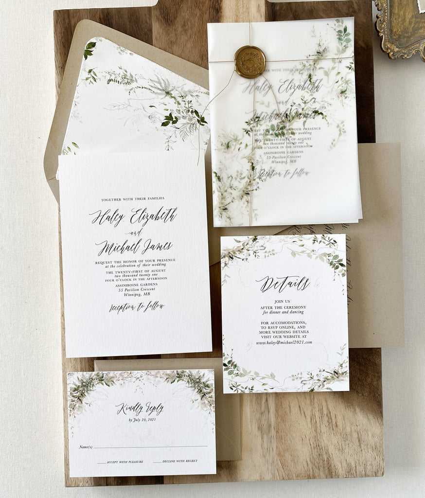 Rustic Greenery Vellum Wrap Wedding Invitation - Cotton Willow Design Co.