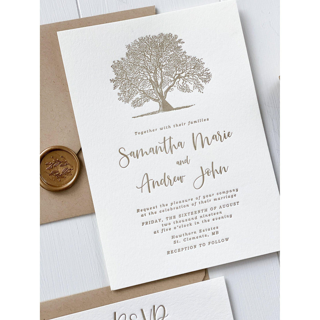 Oak Tree Letterpress Wedding Invitation - Cotton Willow Design Co.