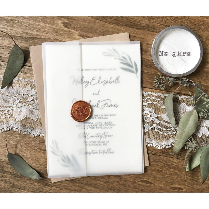 Modern Marble Calligraphy Wedding Invitations With Vellum Jacket and Wax  Seal EWPI066