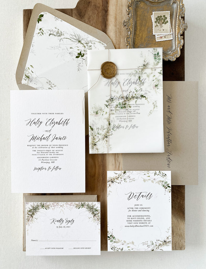 Rustic Greenery Vellum Wrap Wedding Invitation - Cotton Willow Design Co.