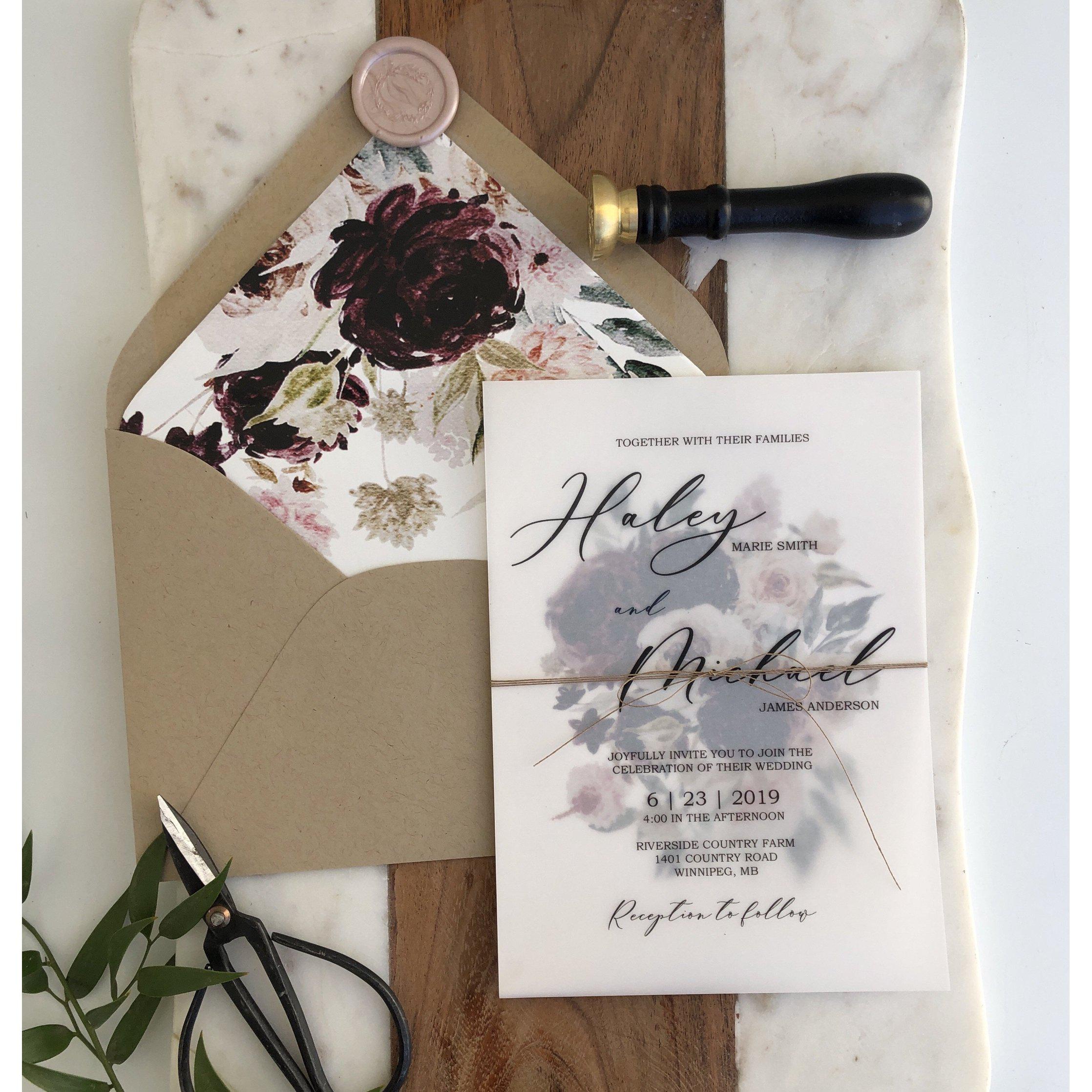 Burgundy Vellum Wedding Invitations with Envelopes, Personalised Elega