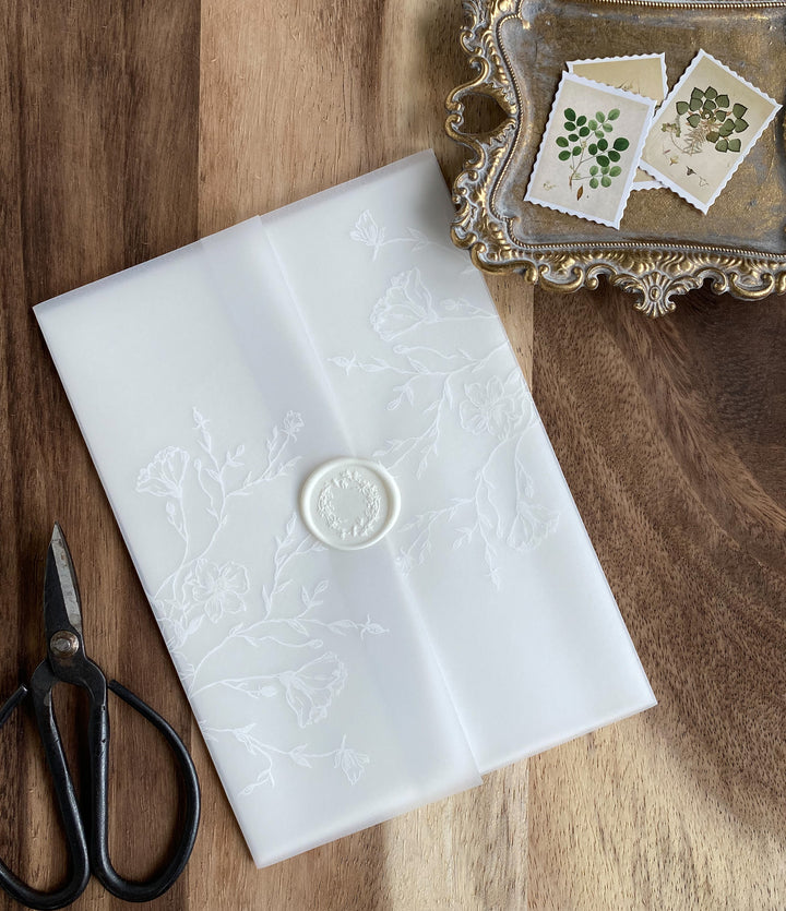 Elegant white lace vellum jacket wedding invitations EWPI268