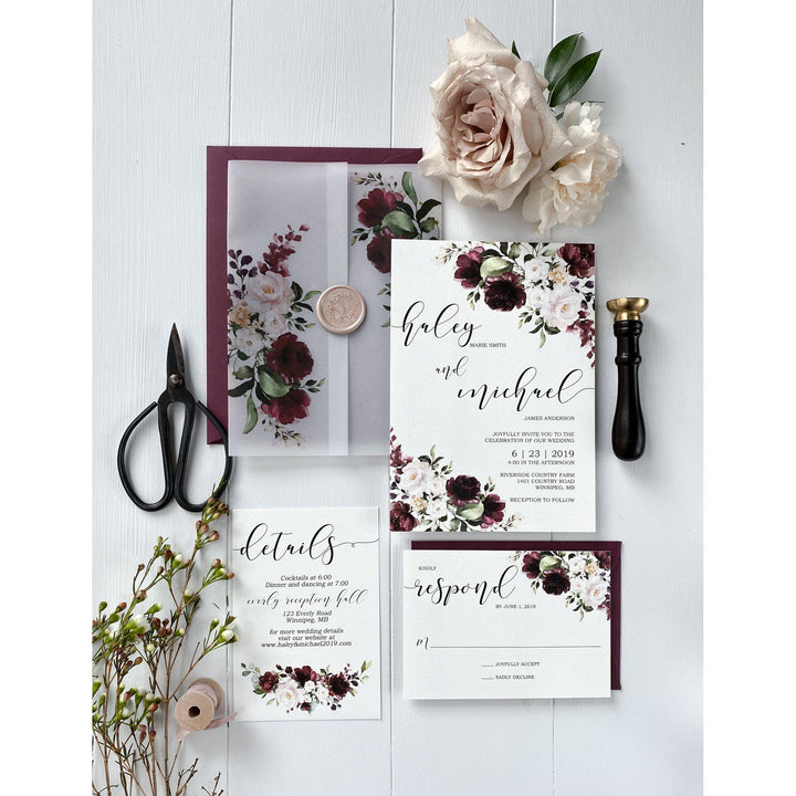 Burgundy Floral Wedding Invitations | Beacon Lane