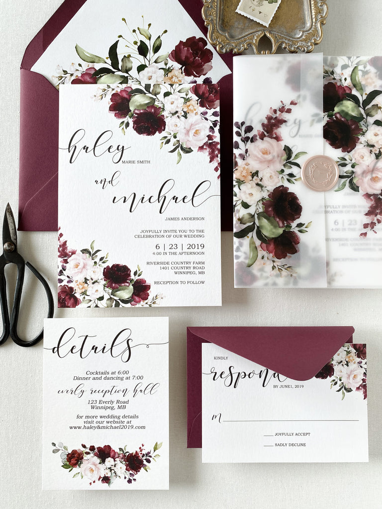 Burgundy and Blush Floral Vellum Wedding Invitation - Cotton Willow ...