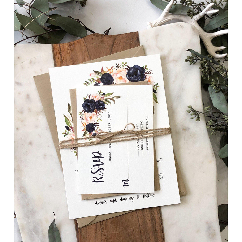 Rustic Navy Floral Wedding Invitation - Cotton Willow Design Co.