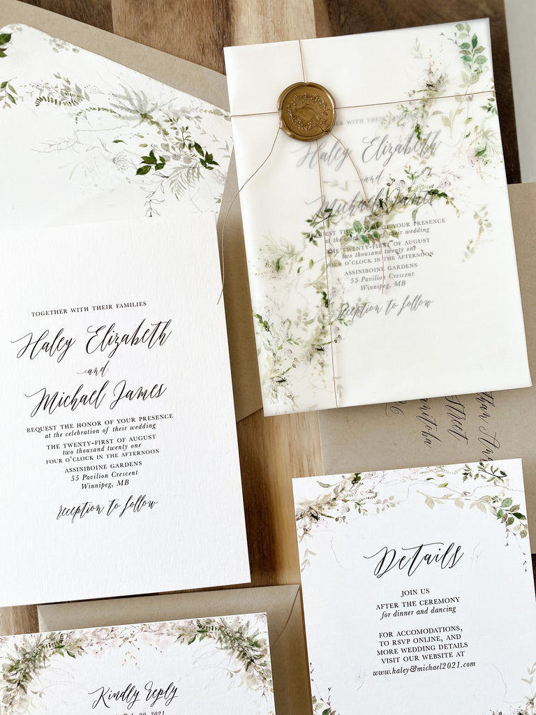 Rustic Greenery Vellum Wrap Wedding Invitation - Cotton Willow Design Co.