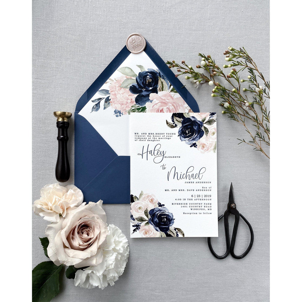 Letterpress Wedding Invitation with Blush and Navy Floral - Cotton ...