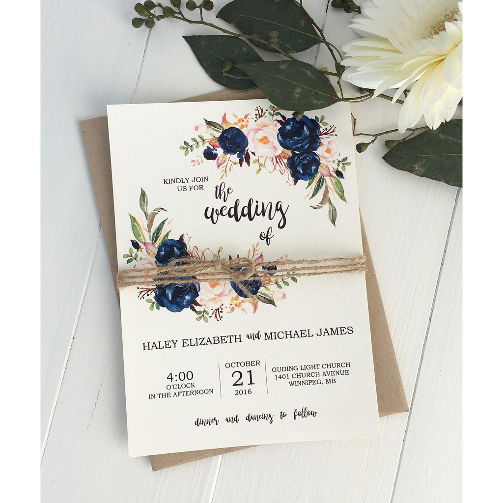 Rustic Navy Floral Wedding Invitation - Cotton Willow Design Co.