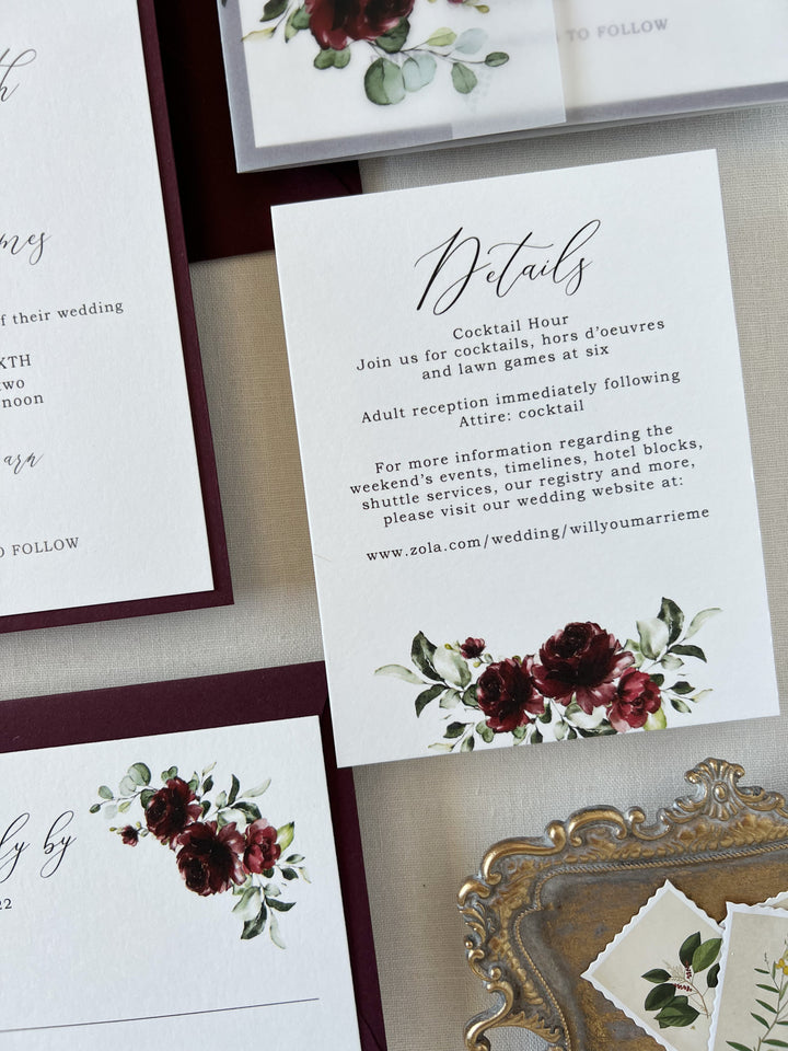 burgundy floral wedding invitations with matching vellum paper wrap and wax  seal SWPI080