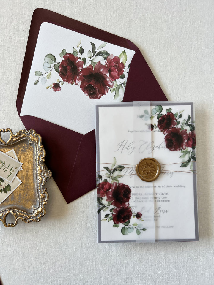 Boho Burgundy Floral Vellum Wedding Invitations with Gold Backing Cards  CI478
